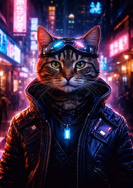 Cyberpunk Cat in Neon City &mdash; Cat Lover metal poster