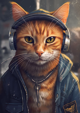 Ginger Cat Headphone &mdash; Cat Lover metal poster