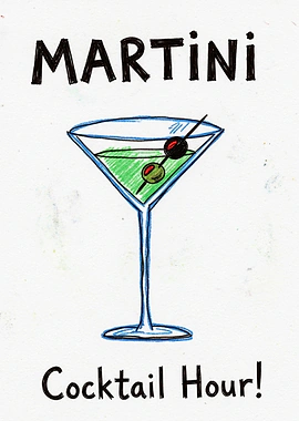 Martini Cocktail Hour Illustration &mdash; Cocktails And Dreams metal poster