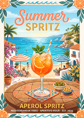 Summer Aperol Spritz Poster &mdash; Cocktails And Dreams metal poster