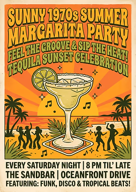 1970s Summer Margarita Party Poster &mdash; Cocktails And Dreams metal poster