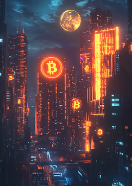 Bitcoin Neon Skyline Cityscape &mdash; Mancave metal poster