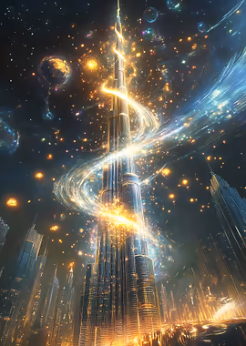 Celestial Spiral - Mystical Burj Khalifa Nightscape &mdash; Mancave metal poster