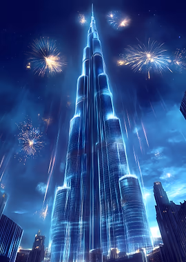 Neon Night Spectacle - Illuminated Burj Khalifa Fireworks &mdash; Mancave metal poster
