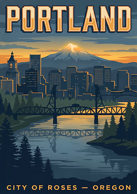 Portland Cityscape Vintage Poster &mdash; Mancave metal poster