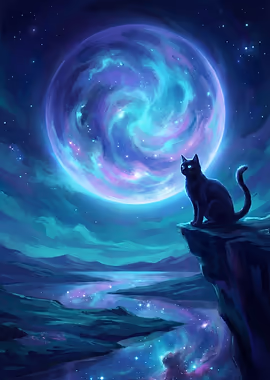 Black Cat Gazing at Cosmic Moon &mdash; Noctural Guardians metal poster
