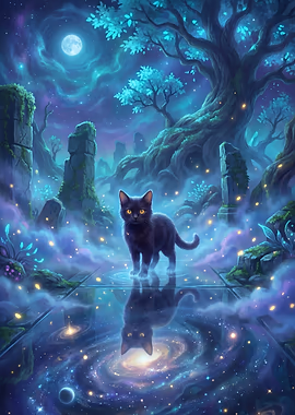 Black Cat in a Mystical Forest &mdash; Noctural Guardians metal poster
