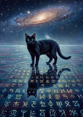 Mystical Black Cat in Cosmic Reflection &mdash; Noctural Guardians metal poster