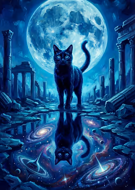 Black Cat in Cosmic Ruins &mdash; Noctural Guardians metal poster