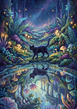 Black Cat in Enchanted Forest &mdash; Noctural Guardians metal poster