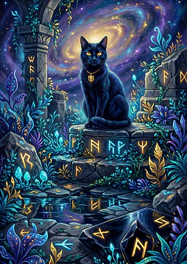 Mystical Black Cat in Cosmic Ruins &mdash; Noctural Guardians metal poster