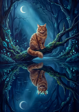 Mystical Cat in Moonlit Forest Reflection &mdash; Noctural Guardians metal poster