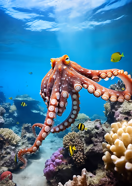 Octopus in Coral Reef &mdash; Octovibes metal poster