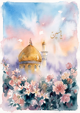 Dawn at the Shrine of Imam Hussein - Karbala Watercolor &mdash; Persian Sacred Art metal poster