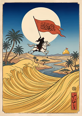 Abbas at the Euphrates - Karbala Ukiyo-e Style &mdash; Persian Sacred Art metal poster