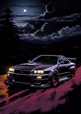 Nissan Skyline R34 Night Drive &mdash; Sleek Cars metal poster
