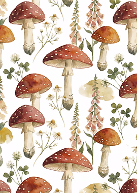 Watercolor Mushroom and Foxglove Pattern &mdash; Vintage Flowers metal poster